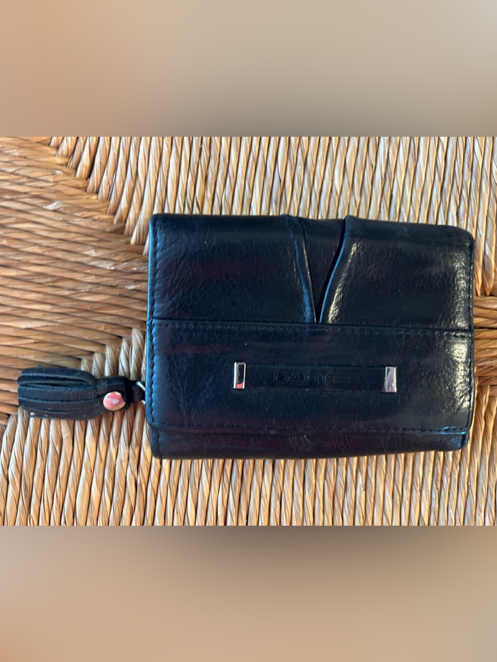 DANIER Black Genuine Leather Trifold Wallet Tassel Charm Accent
